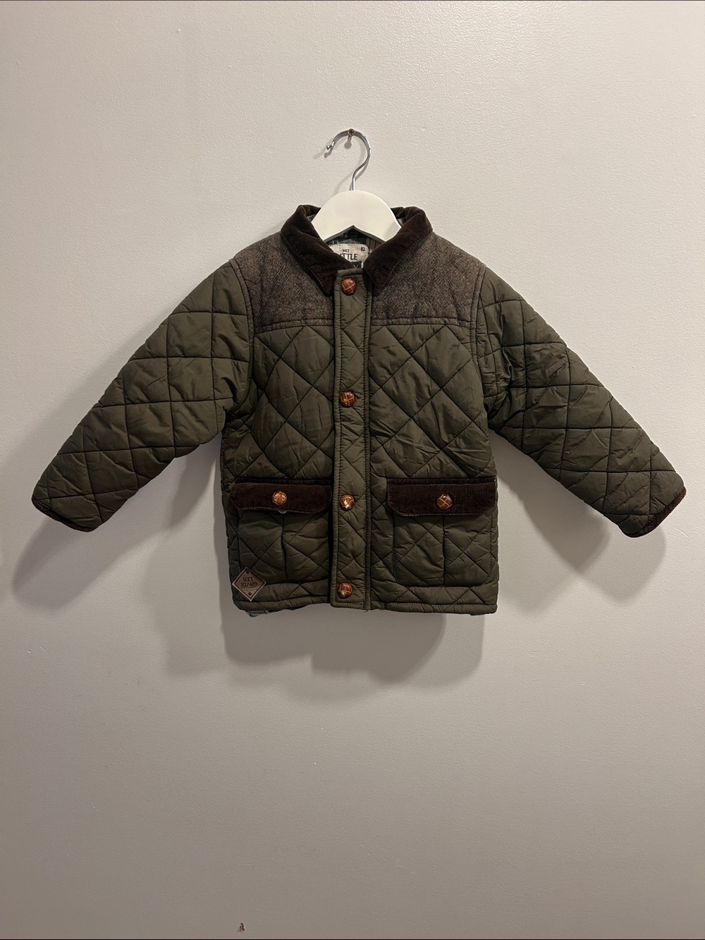 Next Brand Olive Green Quilted Puffer Jacket with Brown Trim 2/4 T